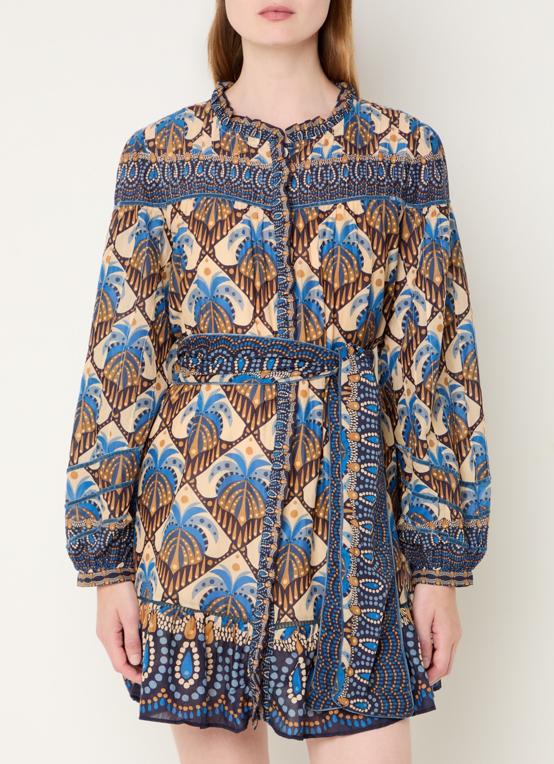 Farm Rio Mini blousejurk met print en strikceintuur - detail 4 beige