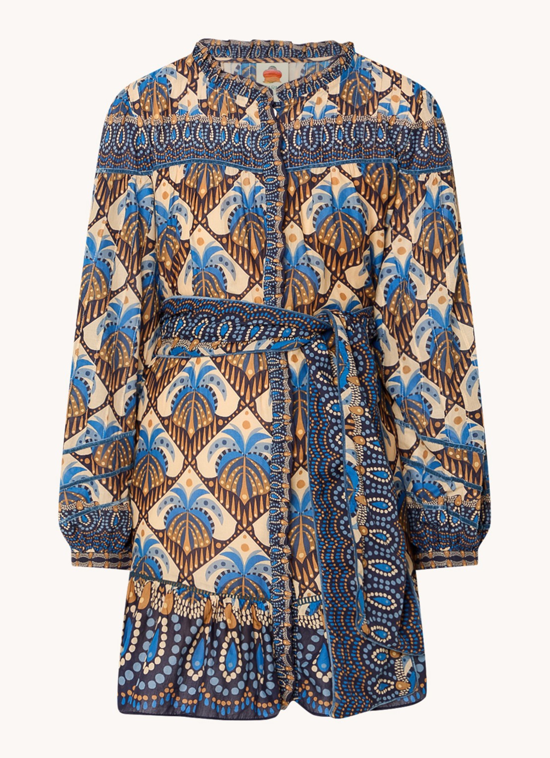 Farm Rio Mini blousejurk met print en strikceintuur - voorkant beige