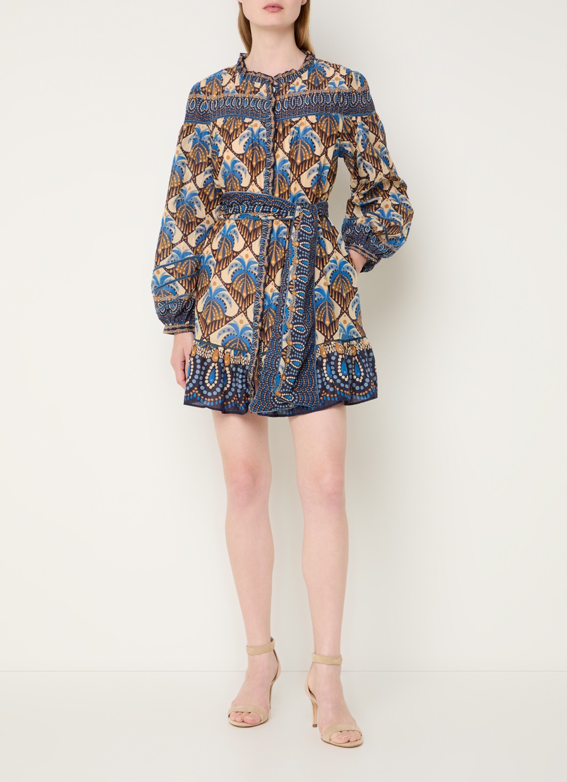 Farm Rio Mini blousejurk met print en strikceintuur - voorkant 2 beige