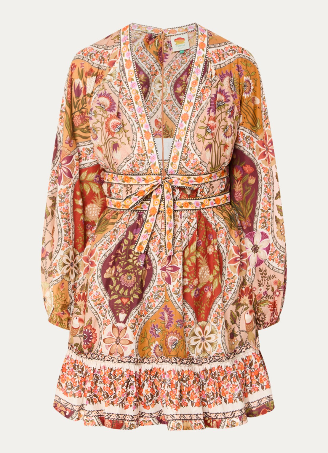 Farm Rio Mini jurk met bloemenprint en strikceintuur - voorkant 3 donkerbeige