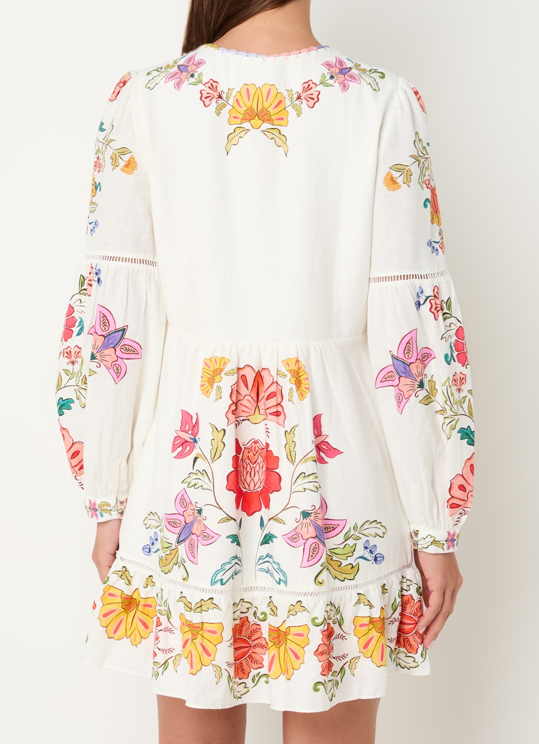 Farm Rio Mini tuniekjurk in linnenblend met bloemenprint en ballonmouw - achterkant 4 creme