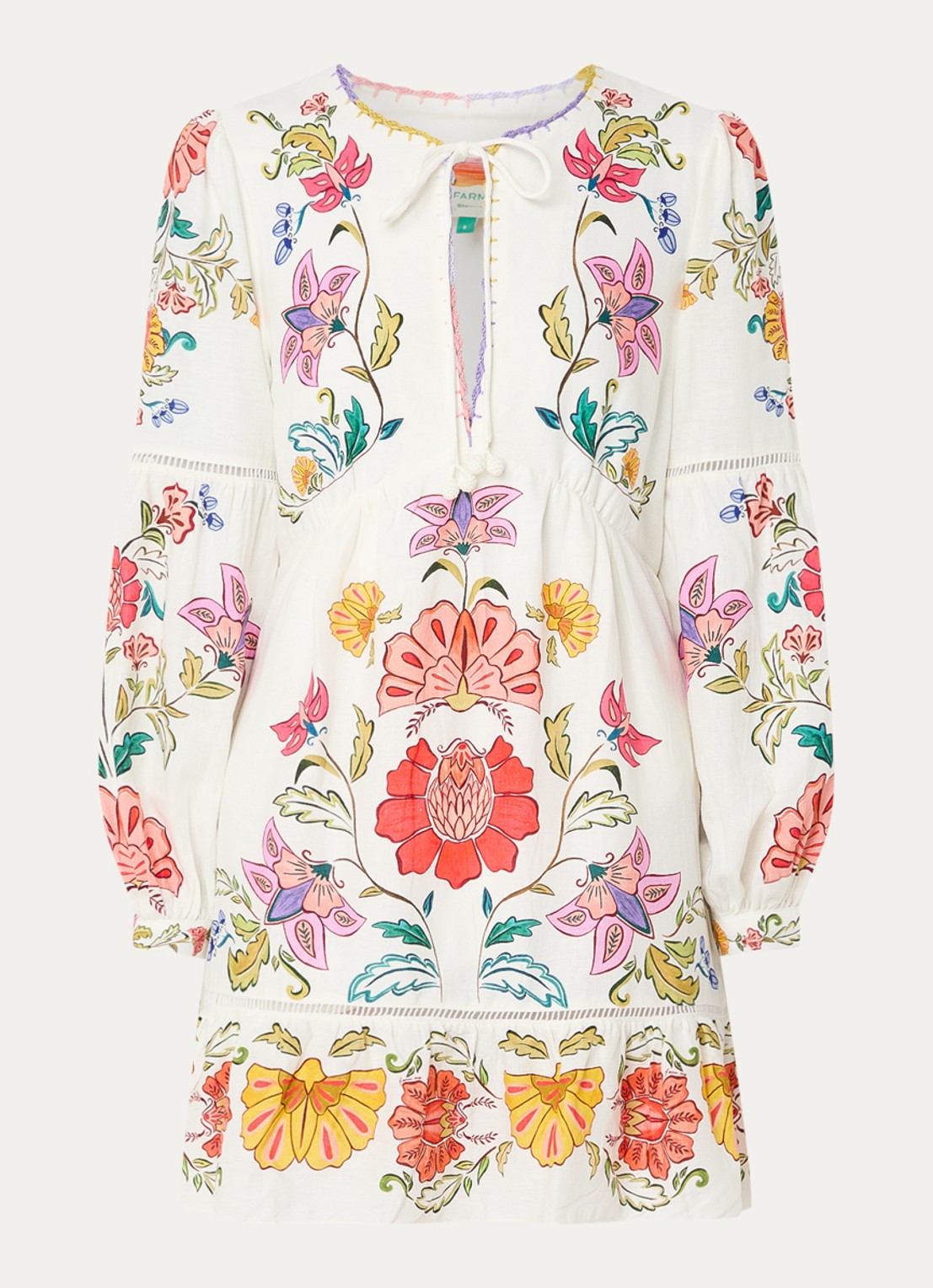 Farm Rio Mini tuniekjurk in linnenblend met bloemenprint en ballonmouw - voorkant creme