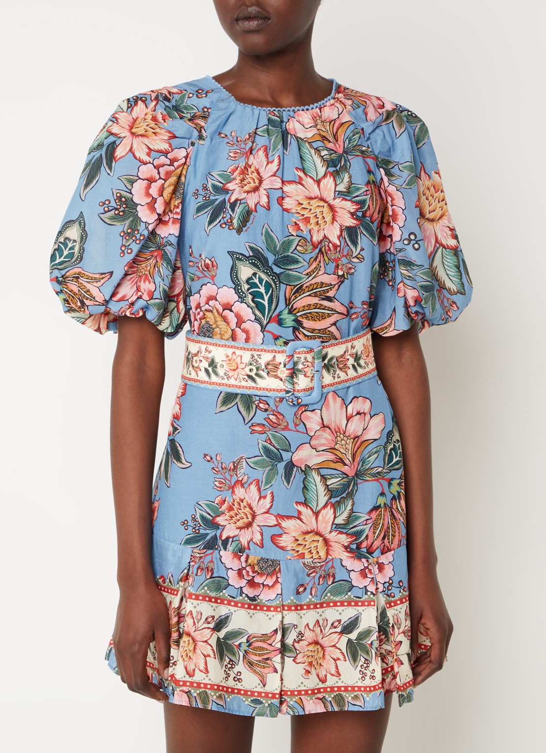 Farm Rio Mini tuniekjurk met bloemenprint en ceintuur - detail staalblauw