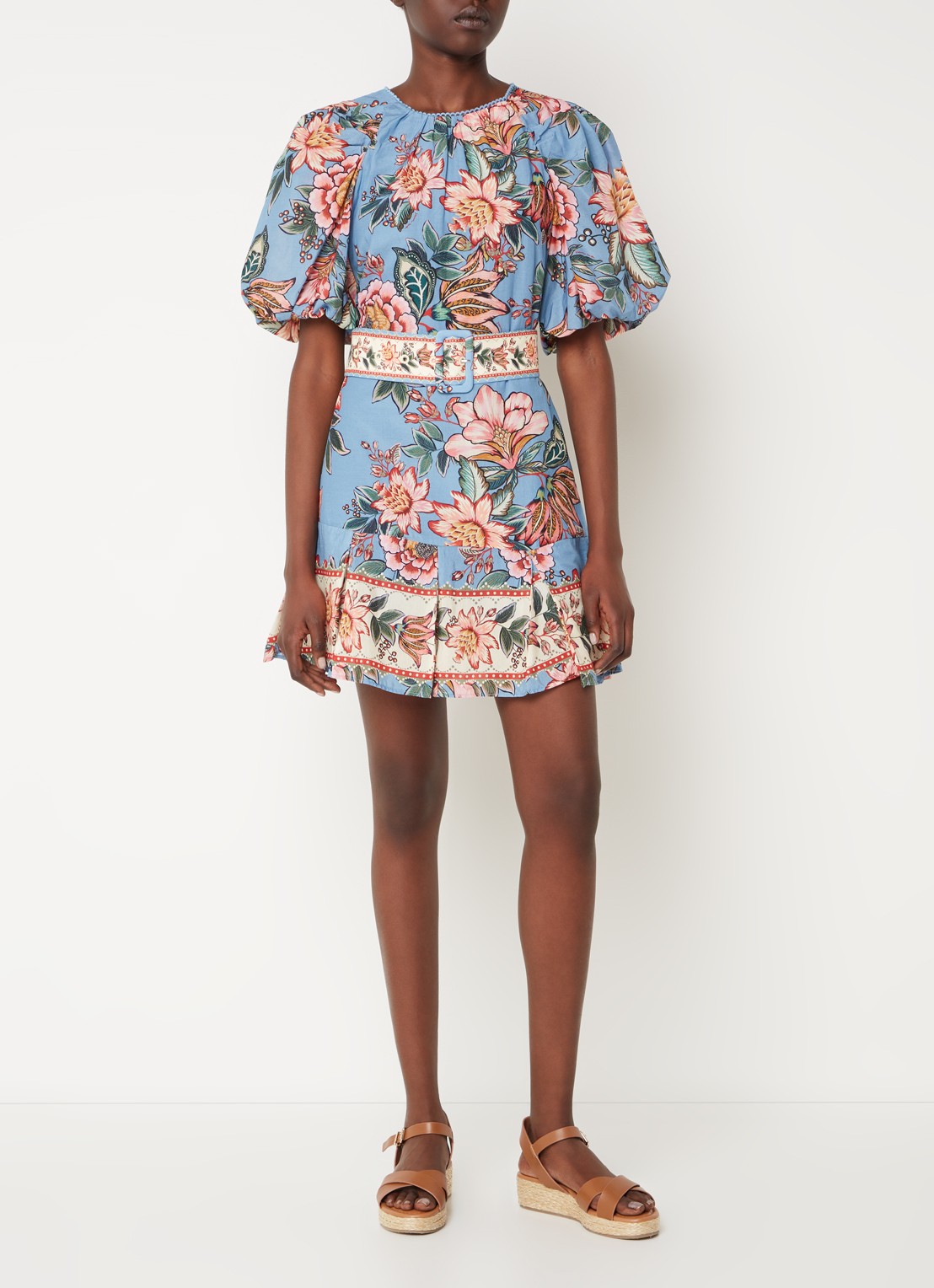 Farm Rio Mini tuniekjurk met bloemenprint en ceintuur - voorkant 5 staalblauw