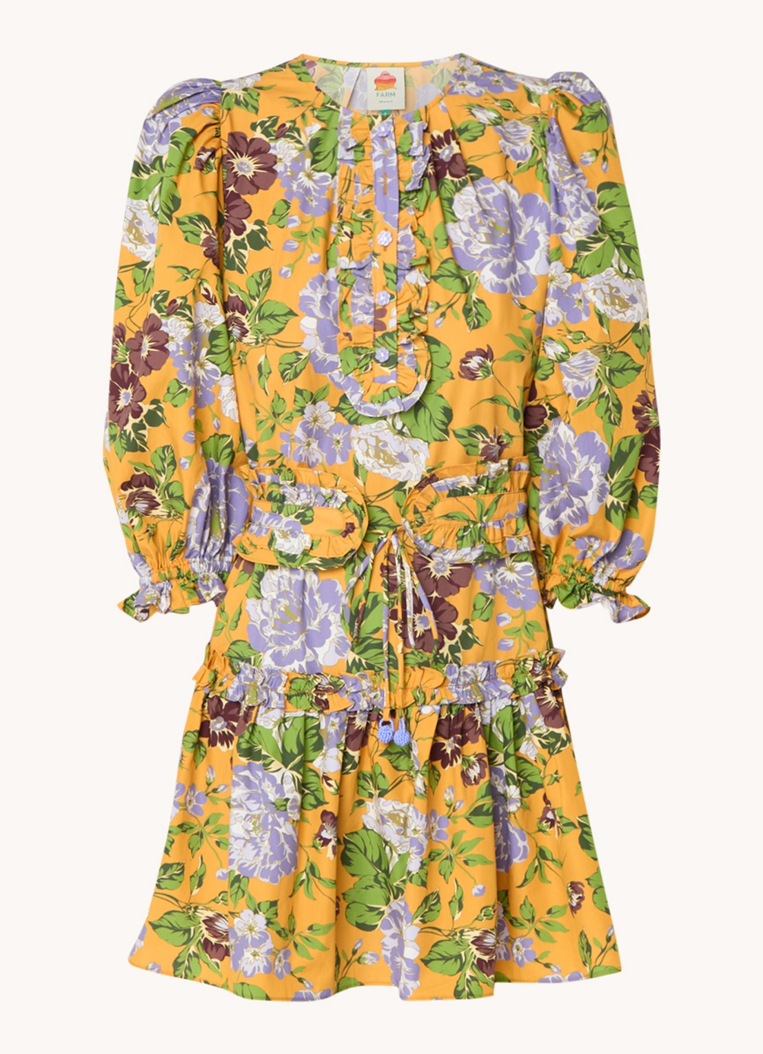 Farm Rio Mini tuniekjurk met bloemenprint en strikceintuur - voorkant 3 okergeel