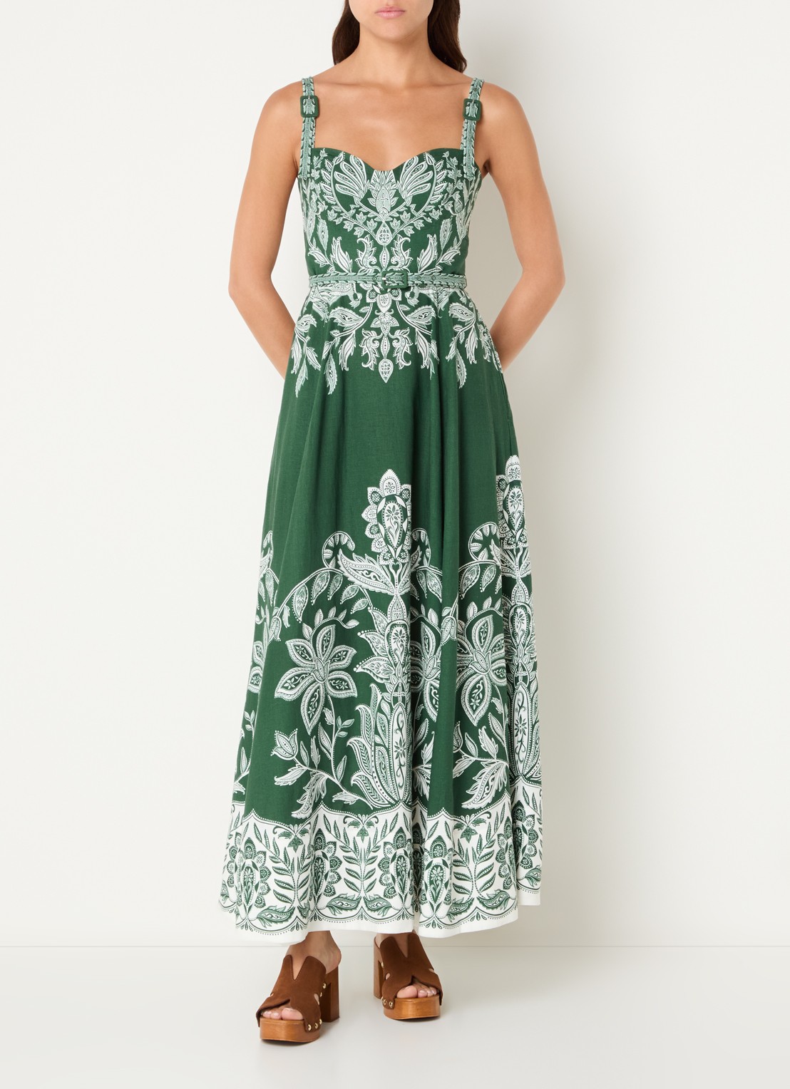 Farm Rio Miranda maxi jurk in linnenblend met print - detail 3 groen