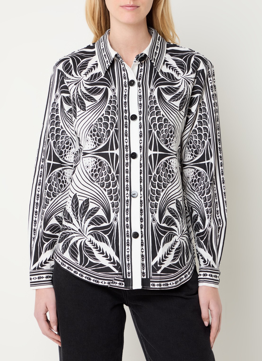 Farm Rio Monochrome blouse in linnenblend met bladprint - detail 3 wit