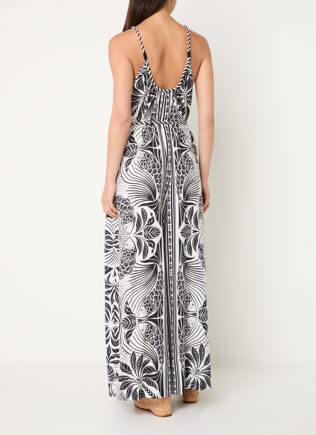 Farm Rio Monochrome wide fit jumpsuit in linnenblend met print - achterkant 4 gebroken wit