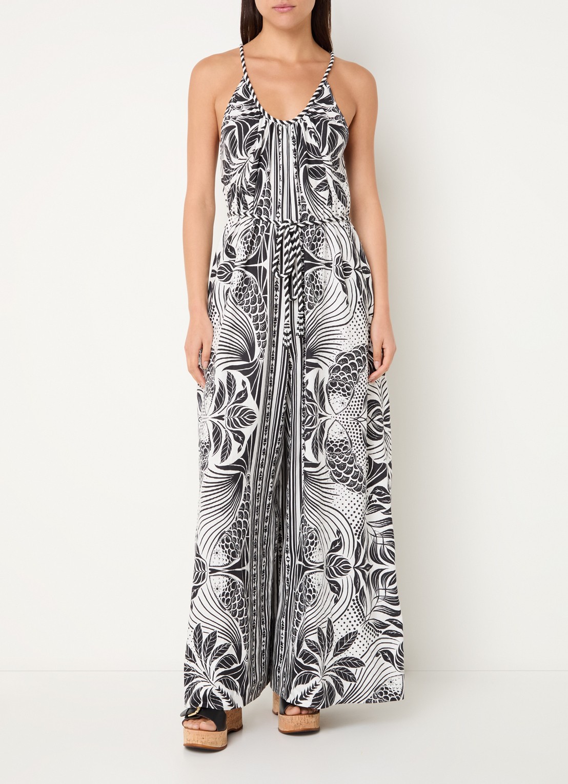 Farm Rio Monochrome wide fit jumpsuit in linnenblend met print - detail 3 gebroken wit