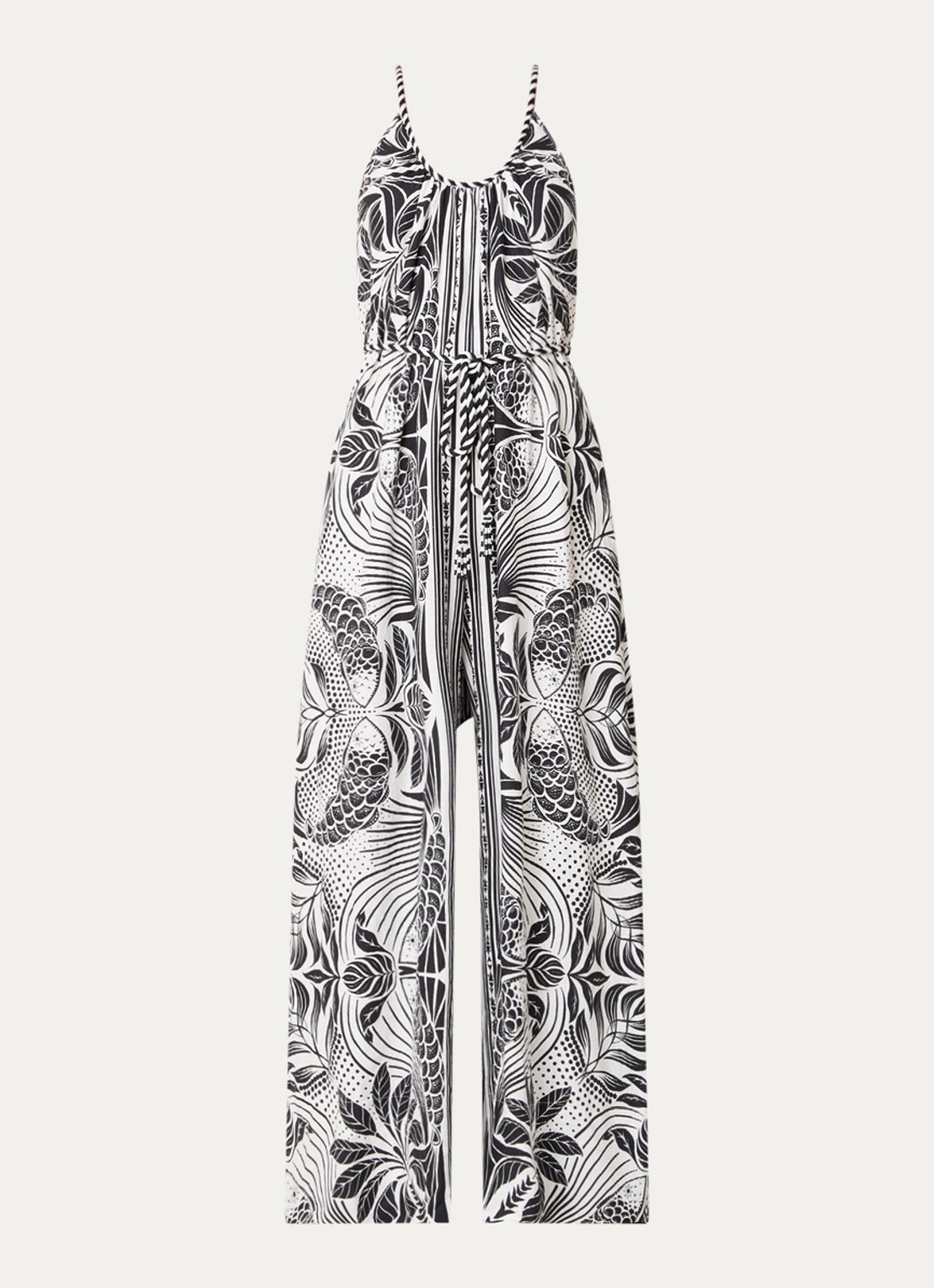 Farm Rio Monochrome wide fit jumpsuit in linnenblend met print - voorkant gebroken wit