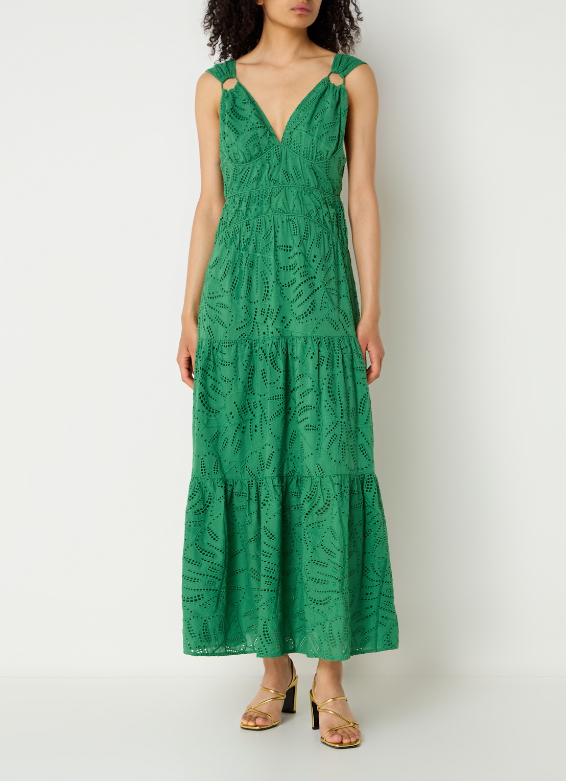 Farm Rio Monstera maxi jurk met broderie - detail groen