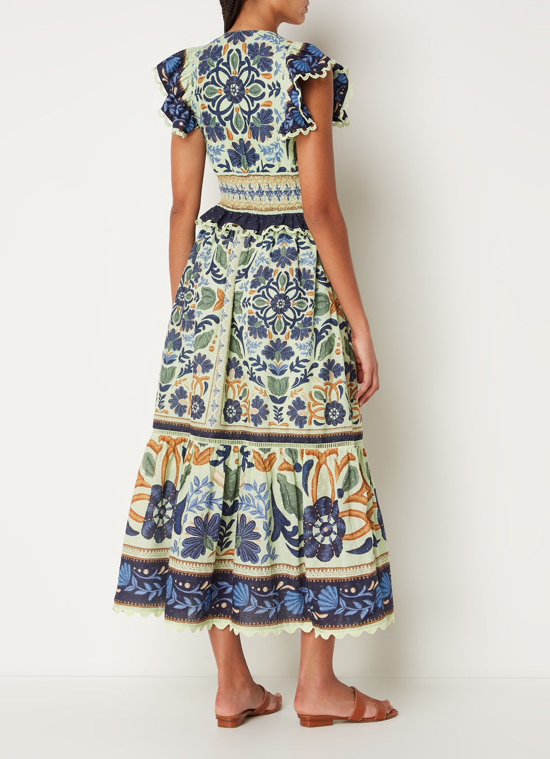 Farm Rio Ocean midi jurk met bloemenprint en smockwerk - achterkant lindegroen