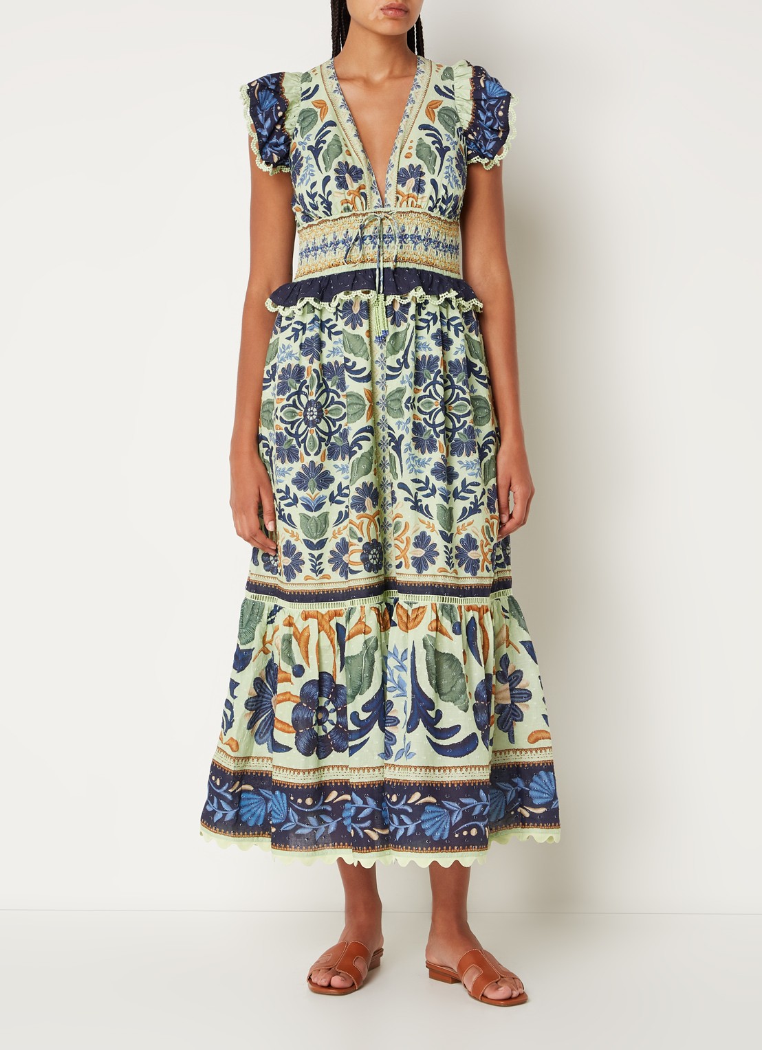 Farm Rio Ocean midi jurk met bloemenprint en smockwerk - detail 4 lindegroen