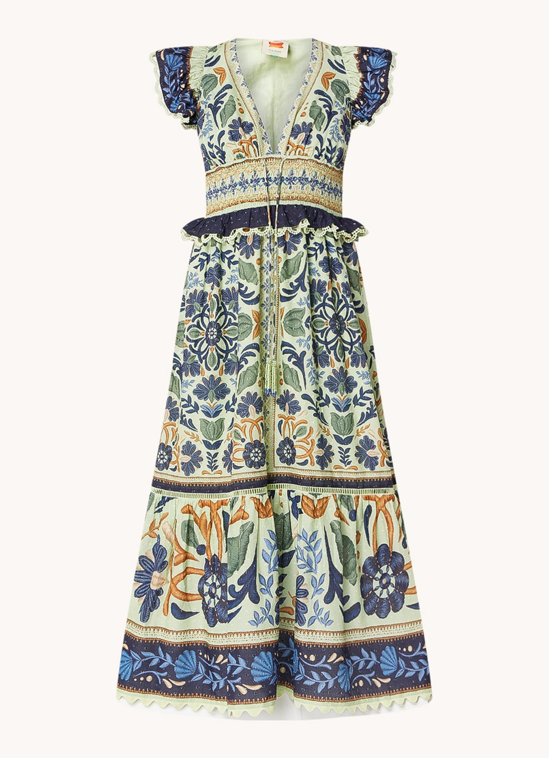 Farm Rio Ocean midi jurk met bloemenprint en smockwerk - voorkant 2 lindegroen
