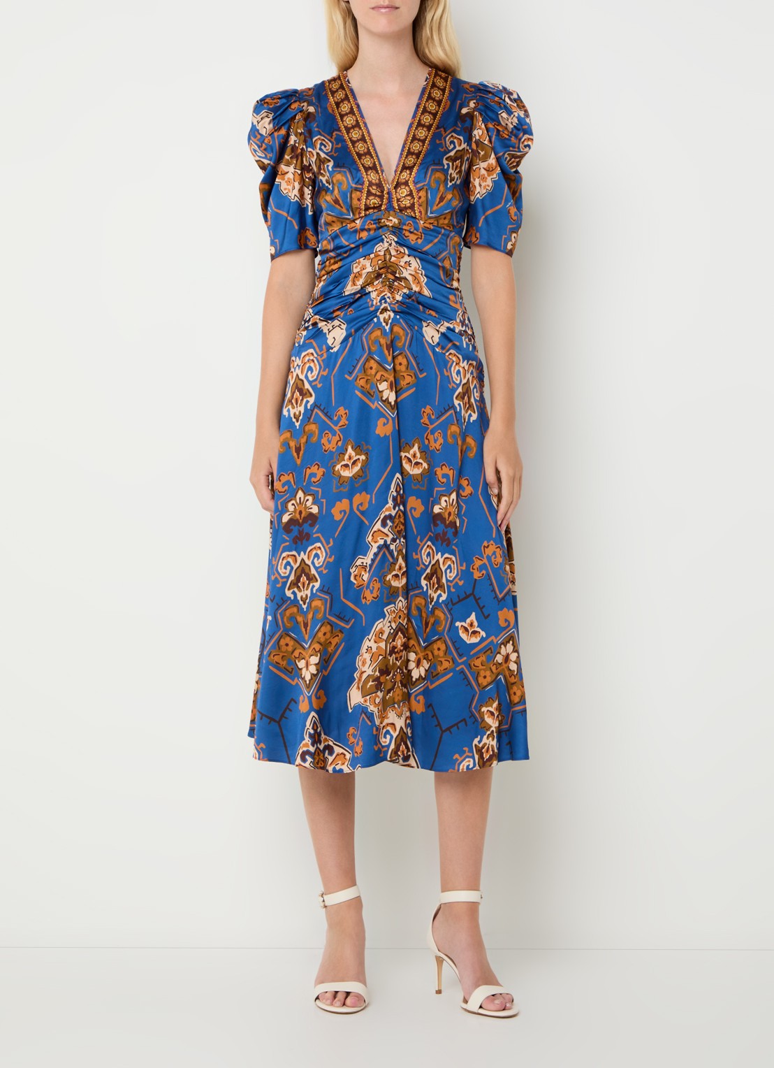 Farm Rio Ornament Floral midi jurk met plooidetail - detail 4 kobaltblauw