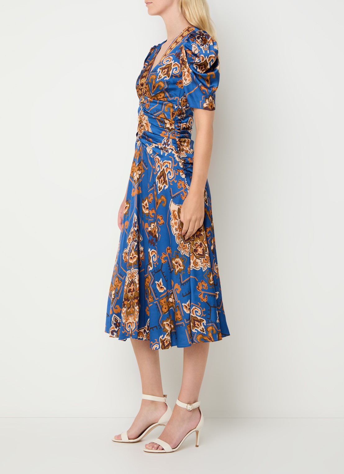 Farm Rio Ornament Floral midi jurk met plooidetail - voorkant 3 kobaltblauw