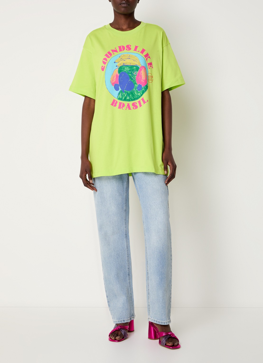 Farm Rio Oversized T-shirt van  katoen met print - voorkant 2 neongroen