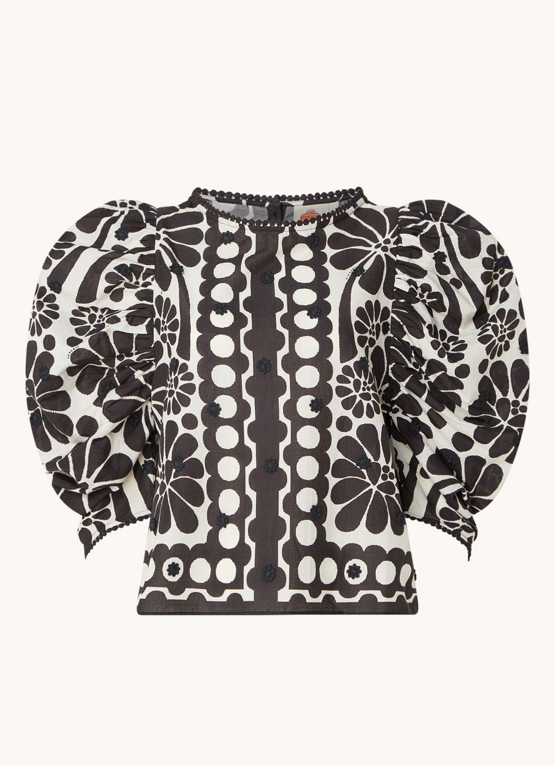 Farm Rio Palermo crop top met bloemenprint en pofmouw - voorkant 2 zwart