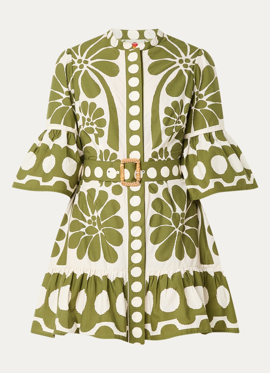 Farm Rio Palermo mini jurk met ceintuur en print - voorkant mosgroen