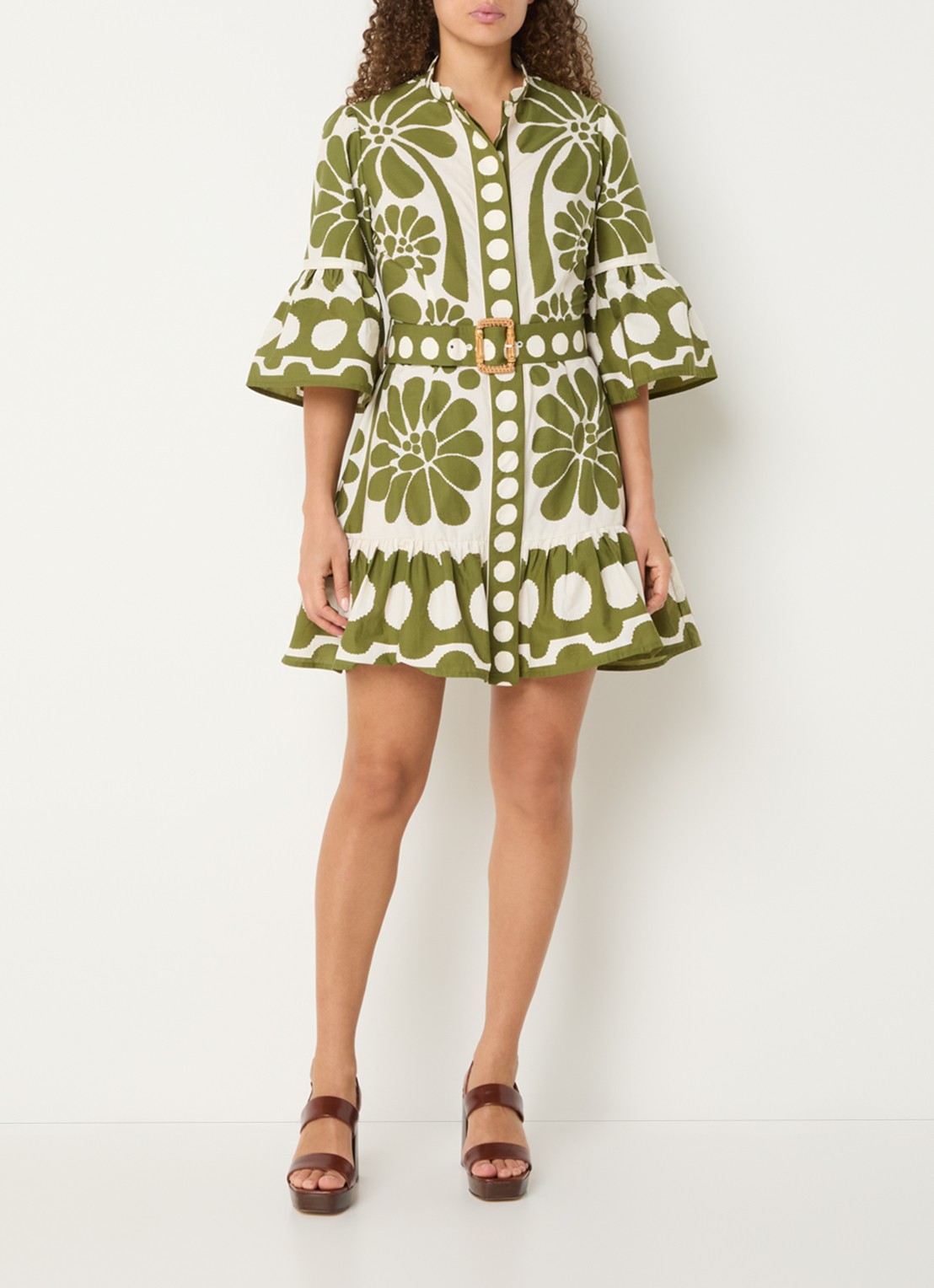 Farm Rio Palermo mini jurk met ceintuur en print - voorkant 2 mosgroen