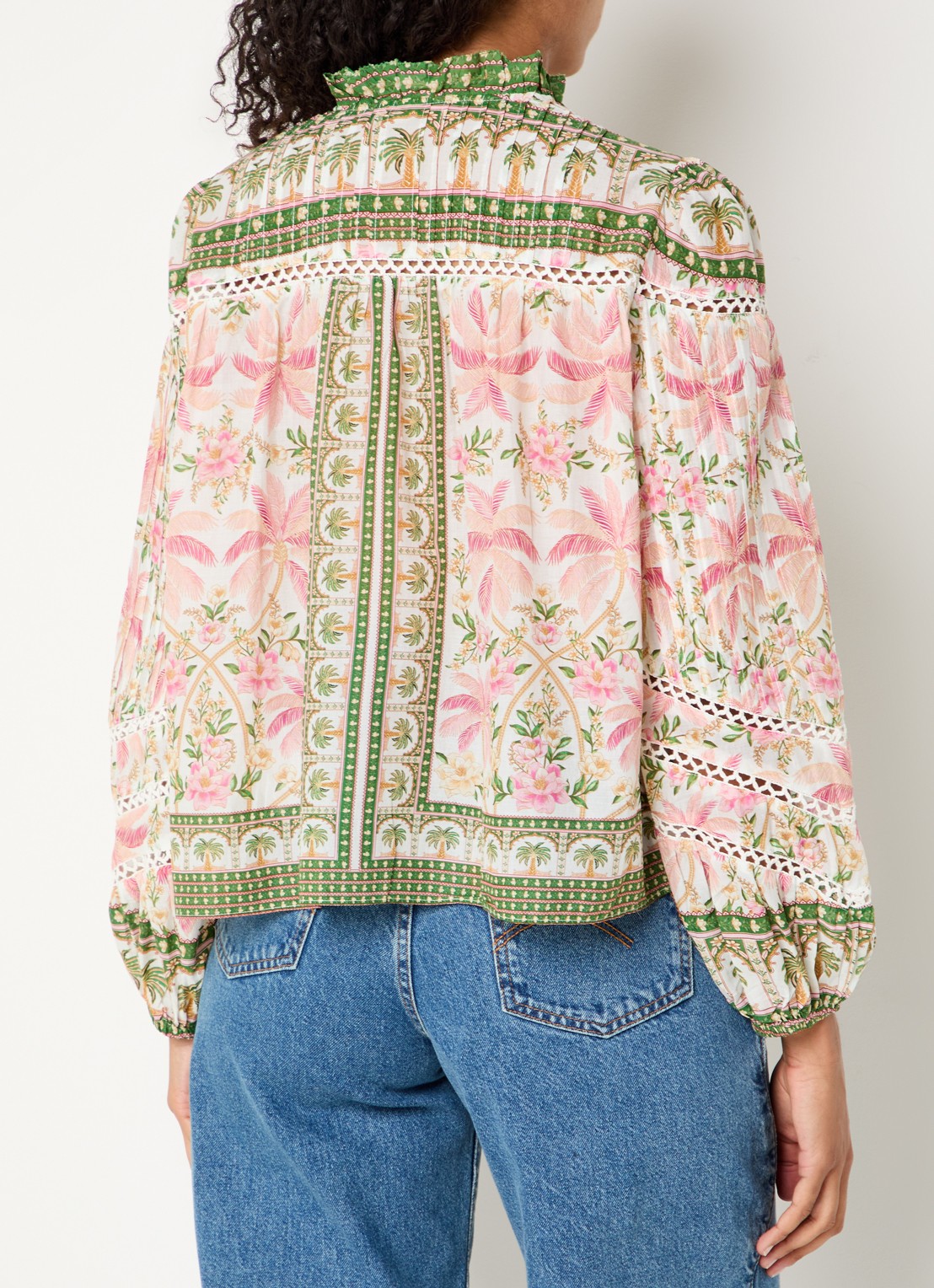 Farm Rio Palm Dream blouse met opengewerkt dessin en print - achterkant 2 groen