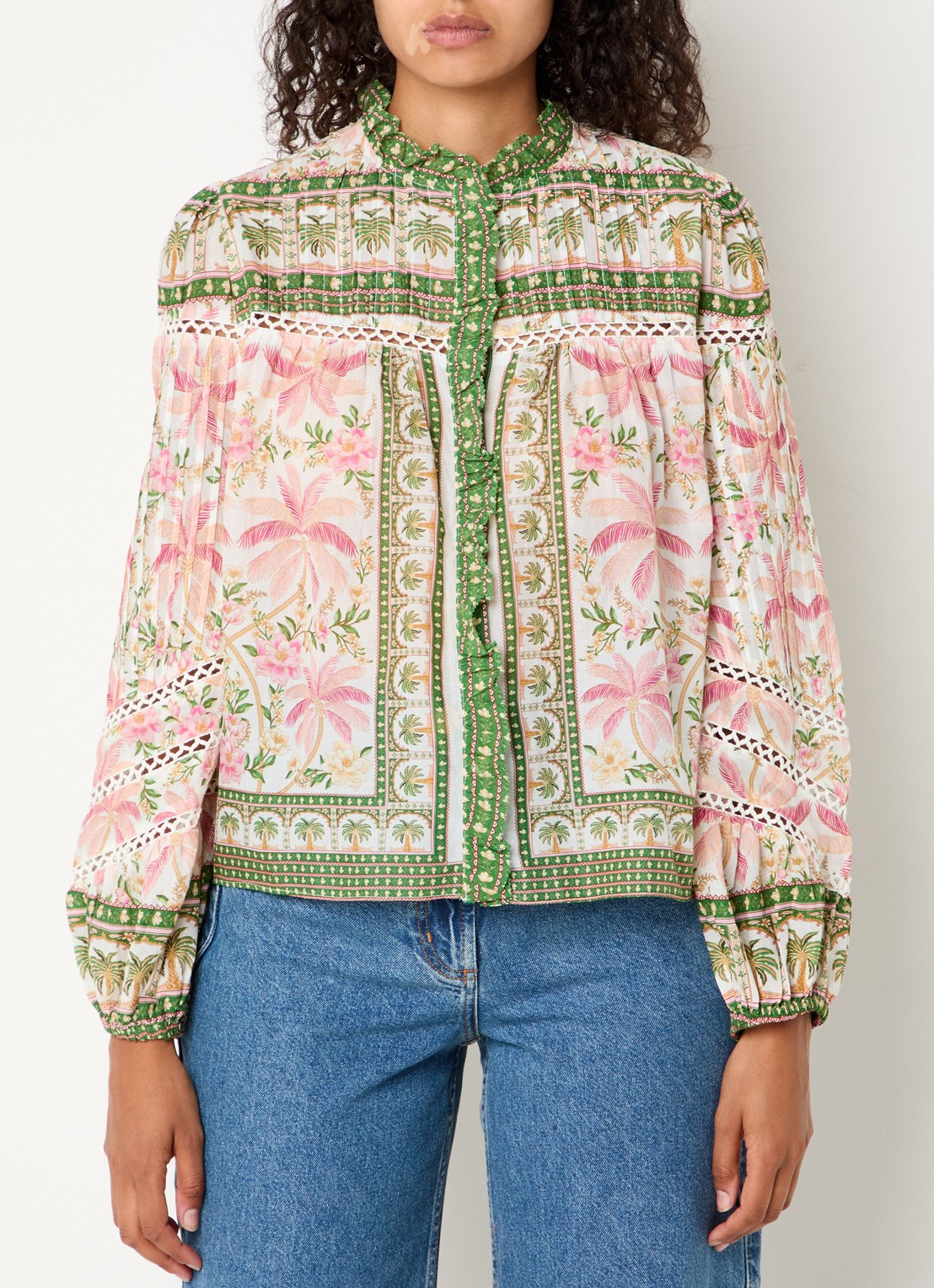 Farm Rio Palm Dream blouse met opengewerkt dessin en print - detail groen