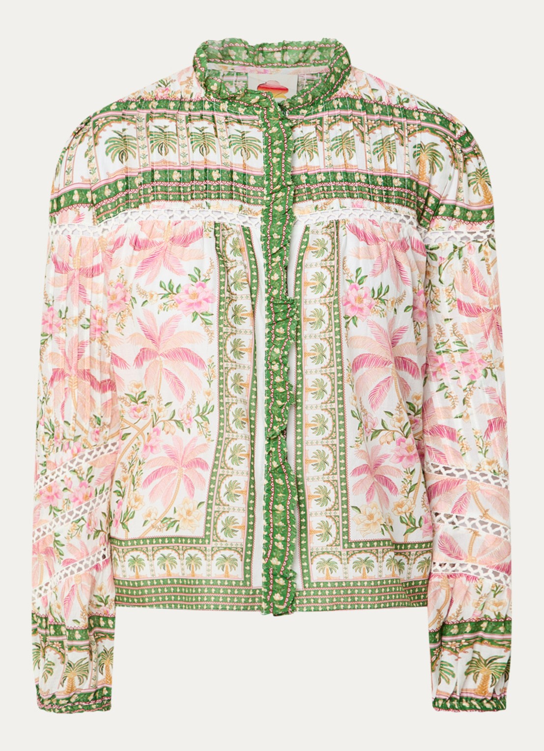 Farm Rio Palm Dream blouse met opengewerkt dessin en print - voorkant 3 groen