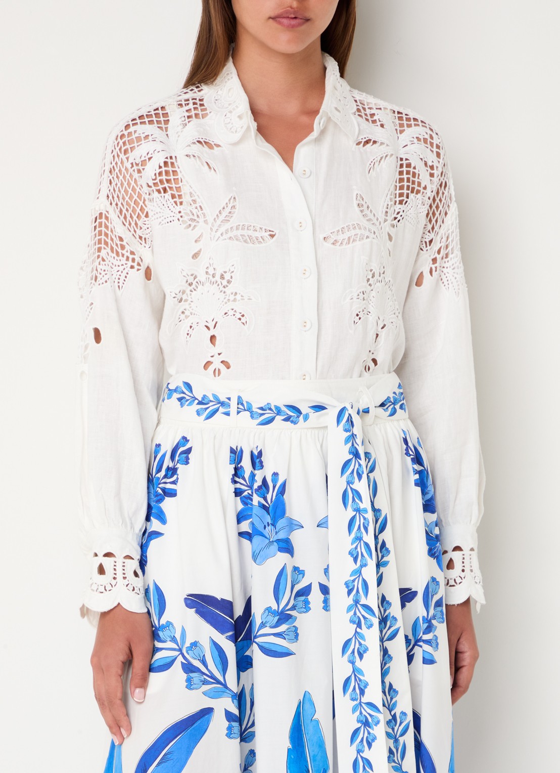 Farm Rio Palms Richelieu blouse van linnen met borduring en opengewerkt detail - detail 4 gebroken wit