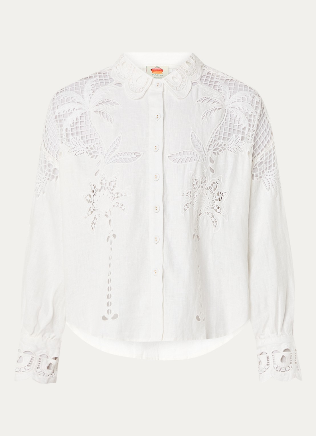Farm Rio Palms Richelieu blouse van linnen met borduring en opengewerkt detail - voorkant 2 gebroken wit