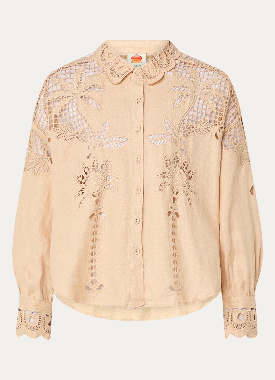 Farm Rio Palms Richelieu blouse van linnen met borduring en opengewerkt detail - voorkant 2 zand
