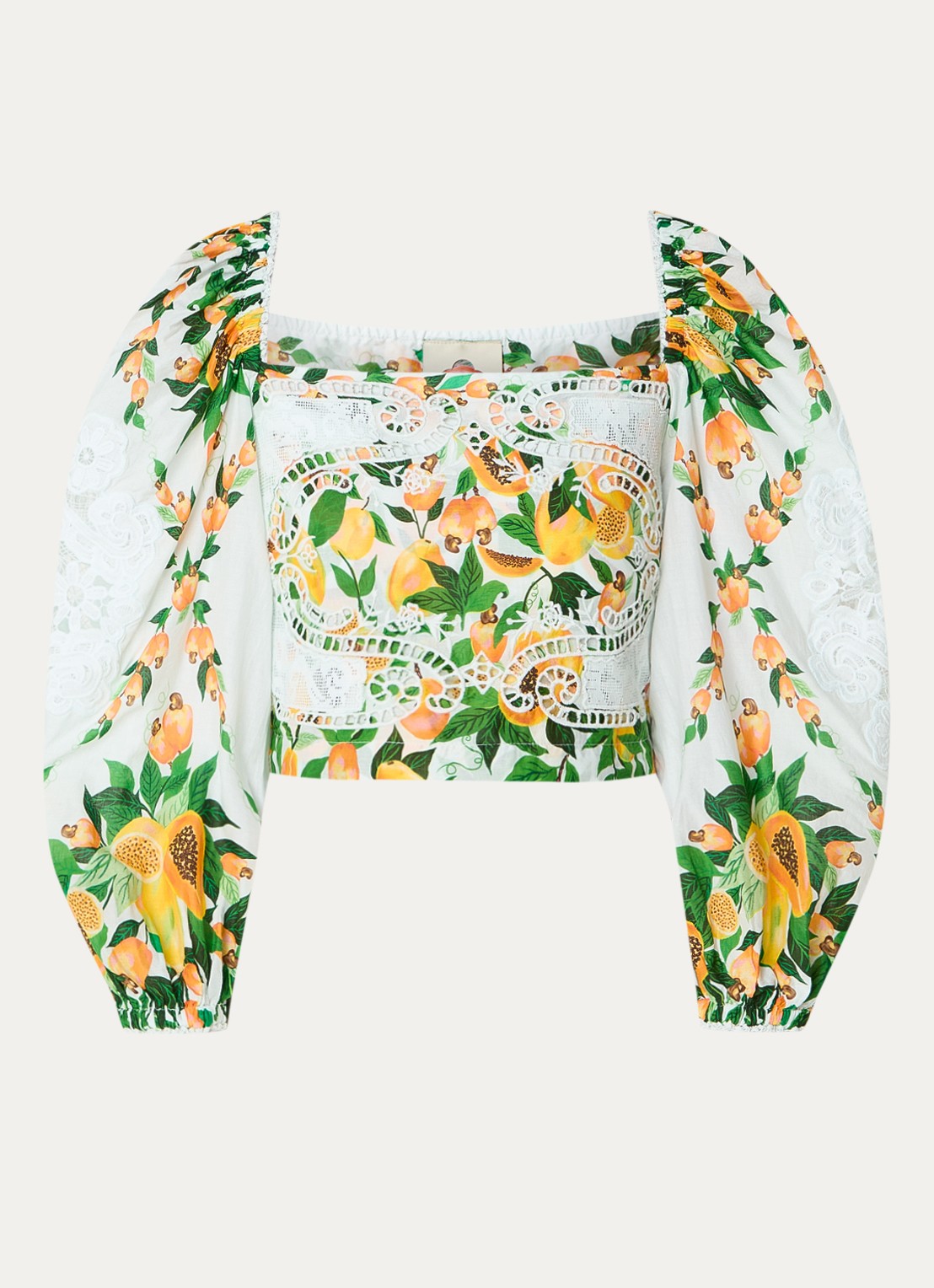 Farm Rio Papaya Salad crop top met print en opengewerkt dessin - voorkant 3 gebroken wit