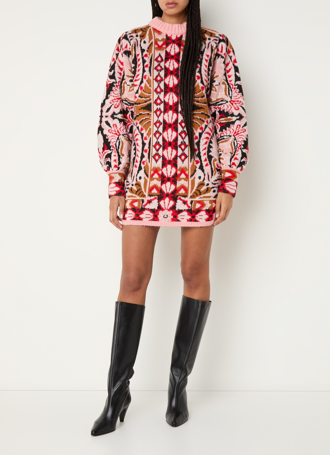 Farm Rio Pineapple grofgebreide mini trui-jurk in wolblend - voorkant 2 roze