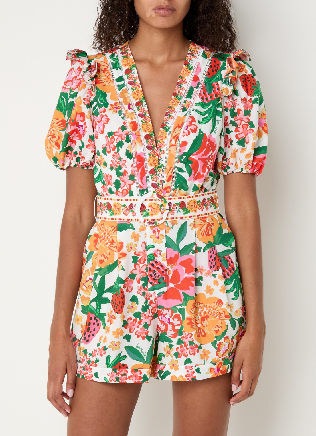 Farm Rio Playsuit met bloemenprint en ceintuur  - detail 2 orange