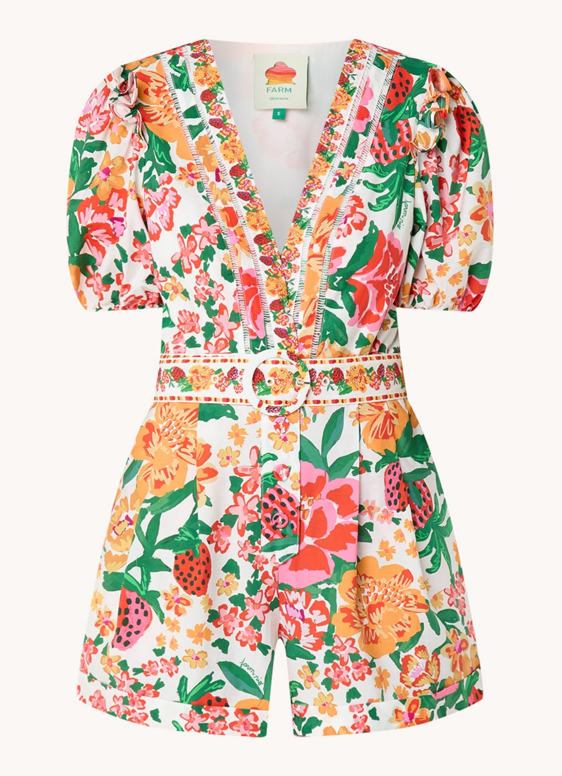 Farm Rio Playsuit met bloemenprint en ceintuur  - voorkant 4 orange