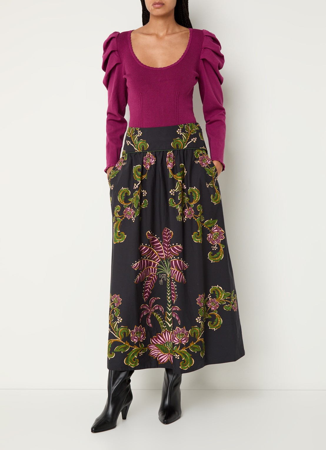 Farm Rio Ravenala midi rok met bloemenprint en steekzakken - voorkant 3 antraciet