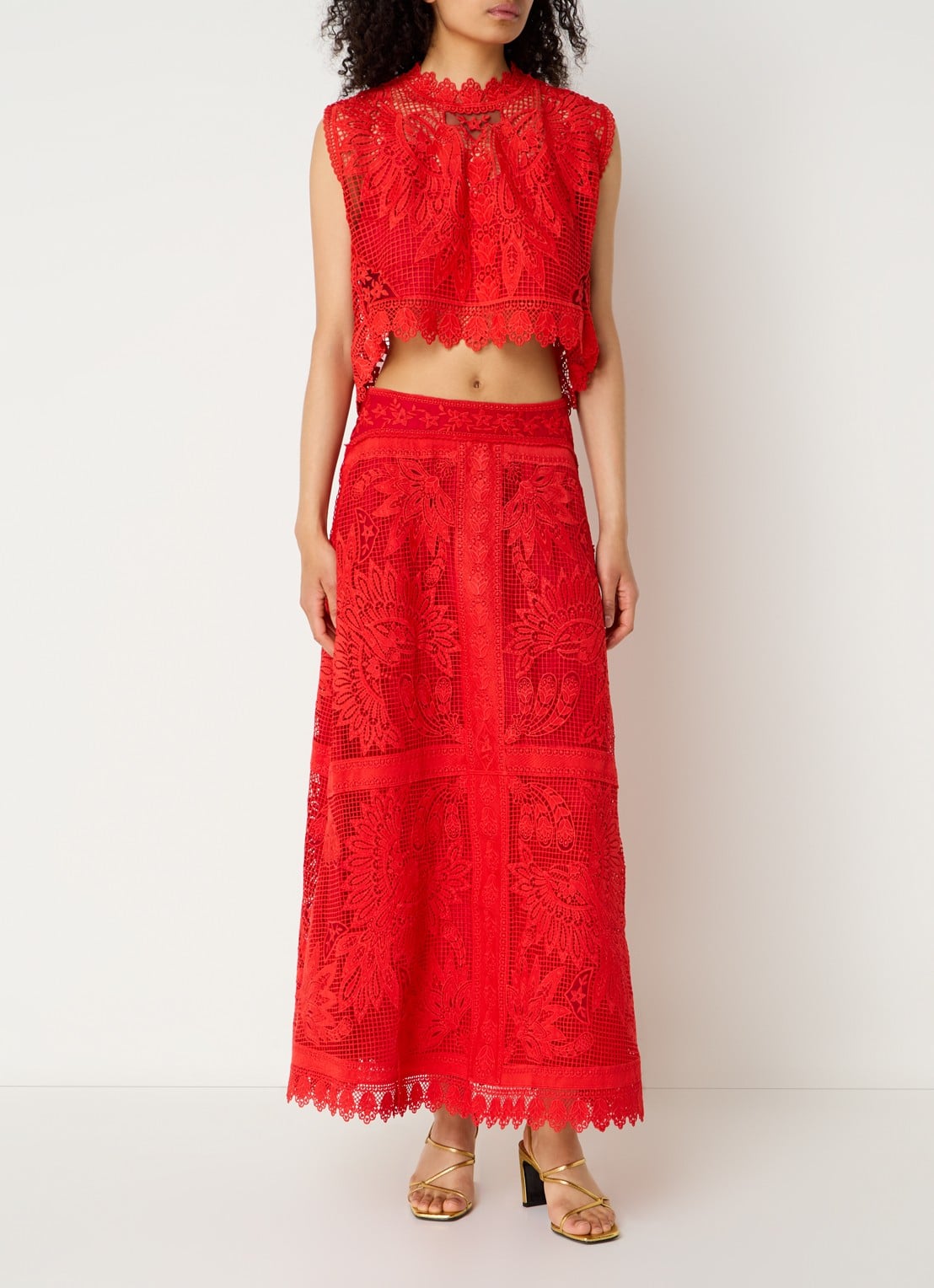 Farm Rio Red Toucan maxi rok met opengewerkt dessin - voorkant 4 rood