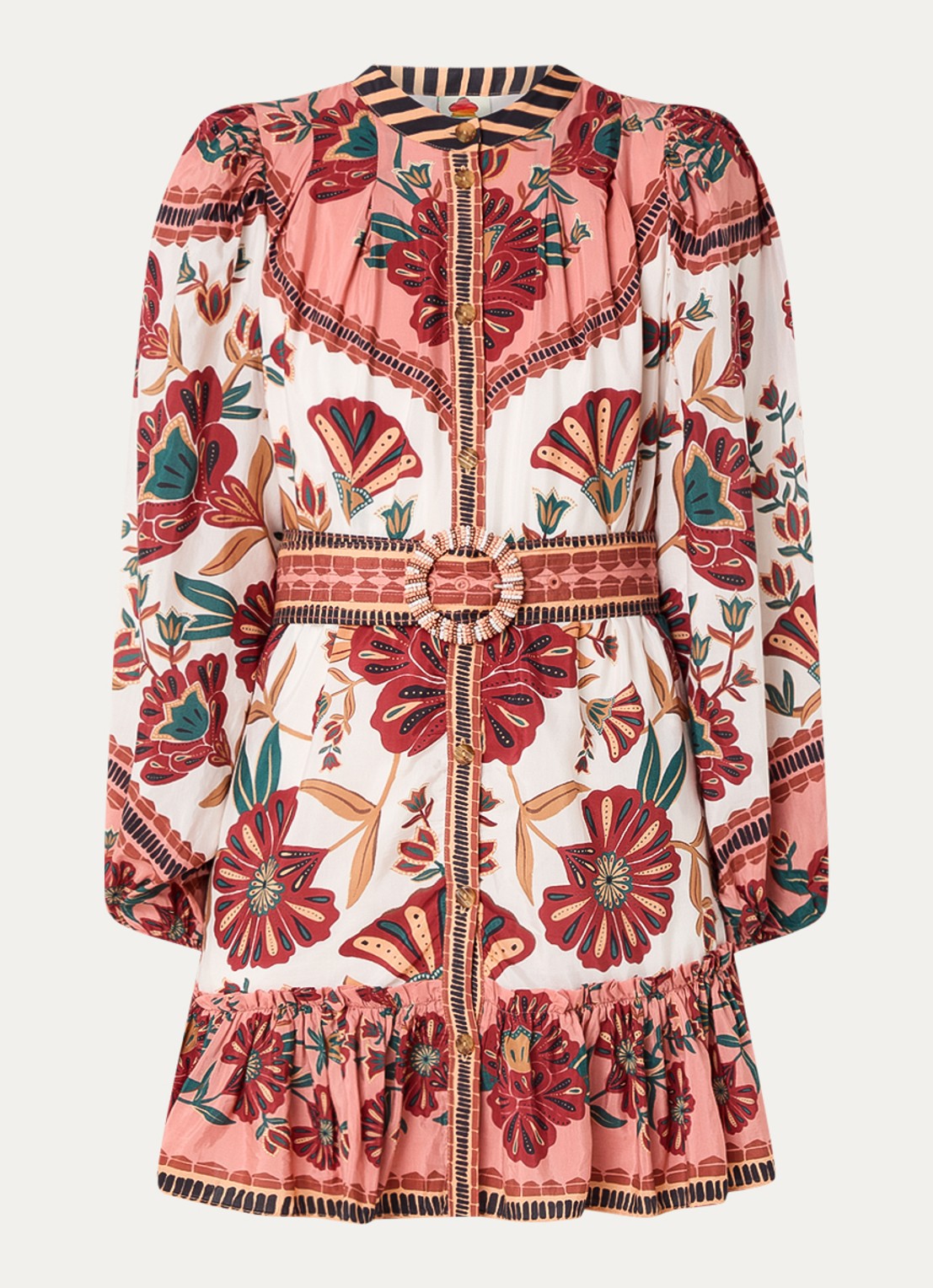 Farm Rio Riad mini blousejurk met bloemenprint en ceintuur - voorkant roze