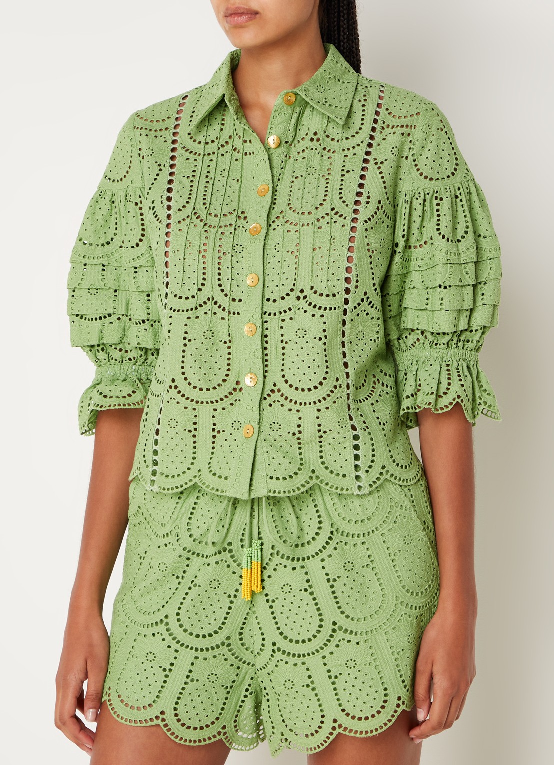 Farm Rio Richillieu blouse van broderie met ballonmouw - detail lichtgroen