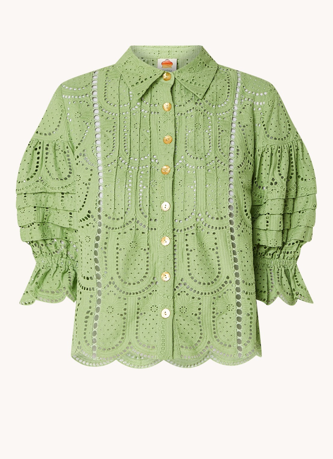 Farm Rio Richillieu blouse van broderie met ballonmouw - voorkant 3 lichtgroen
