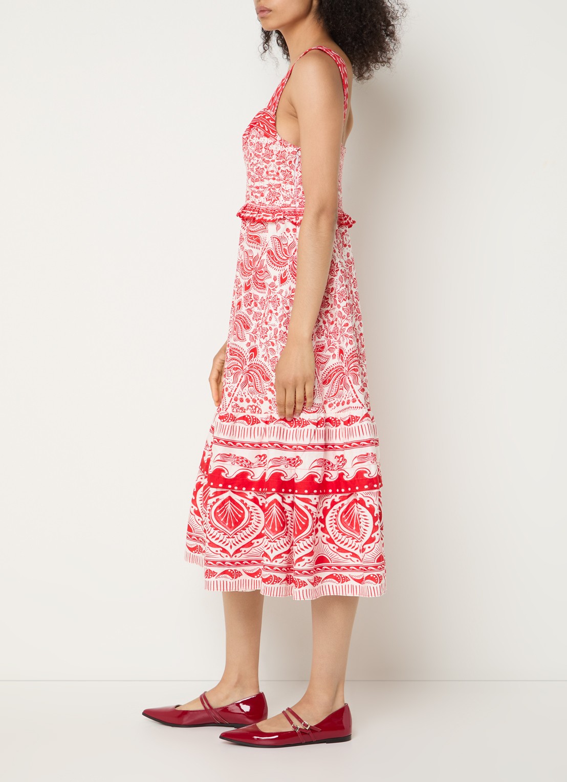 Farm Rio River Red midi jurk in linnenblend met bloemenprint - voorkant 3 rood