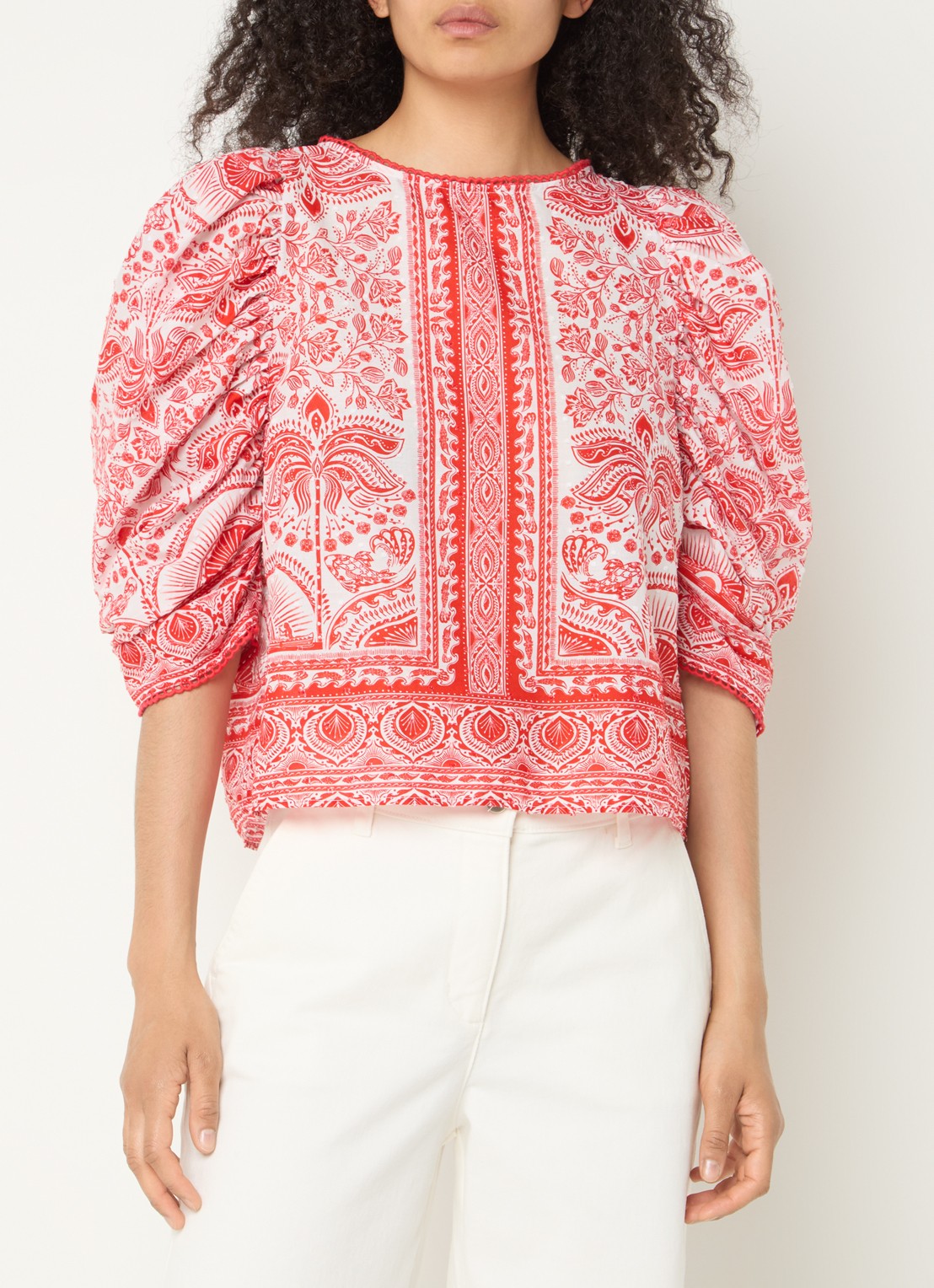 Farm Rio River Ride blouse met print en pofmouw - detail rood