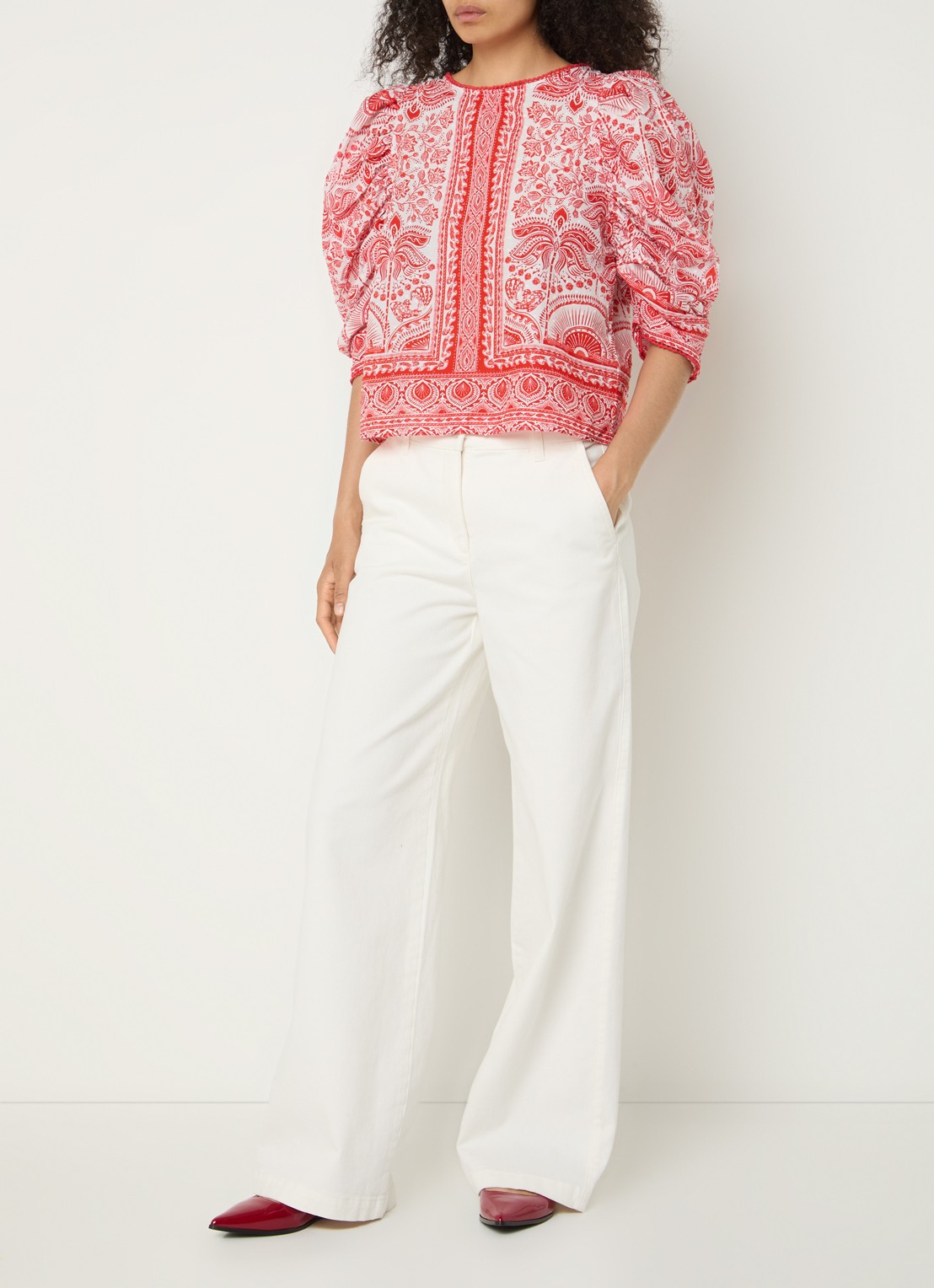 Farm Rio River Ride blouse met print en pofmouw - voorkant 3 rood