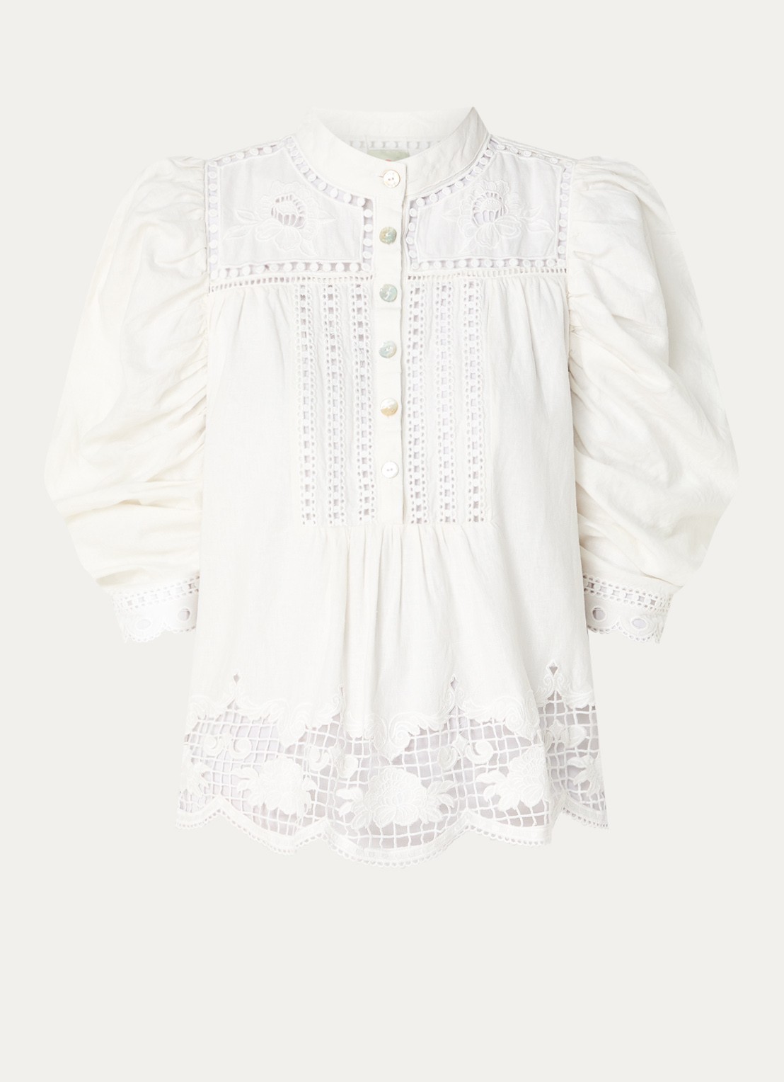 Farm Rio Romantic Richellieu blouse in linnenblend met broderie en pofmouw - voorkant 3 gebroken wit