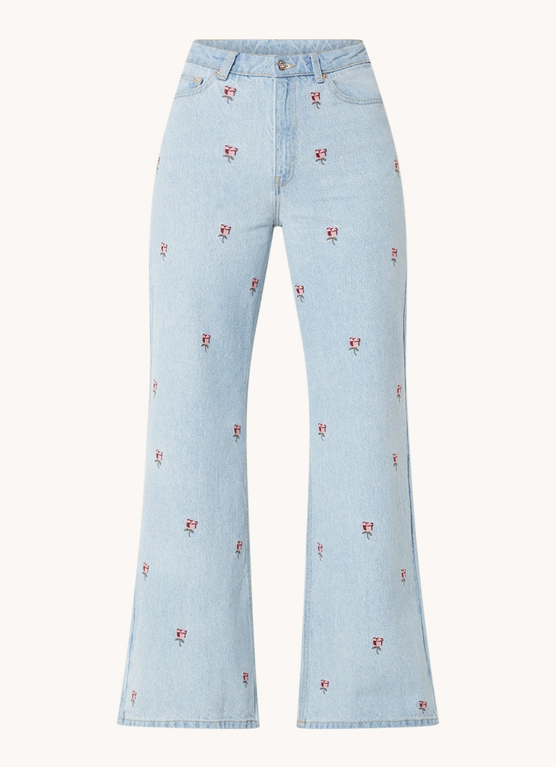 Farm Rio Rose high waist flared jeans met lichte wassing en bloemborduring  - voorkant 4 indigo