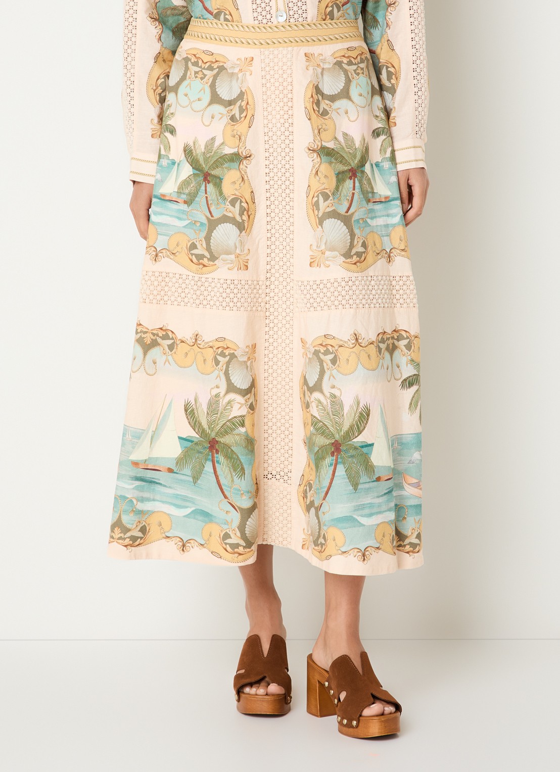Farm Rio Royal Sea midi rok in linnenblend met print - detail 2 creme