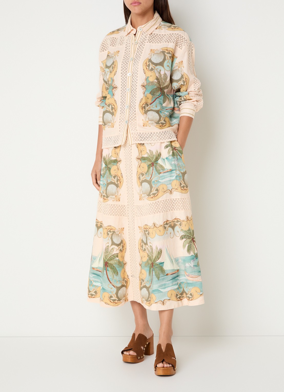 Farm Rio Royal Sea midi rok in linnenblend met print - voorkant 4 creme