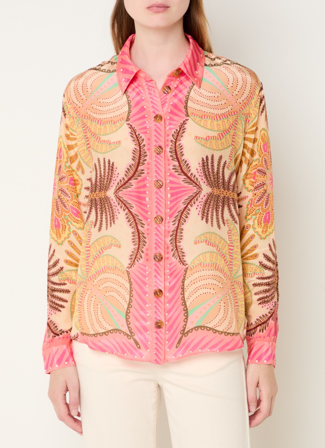 Farm Rio Sand blouse met bladprint - detail roze