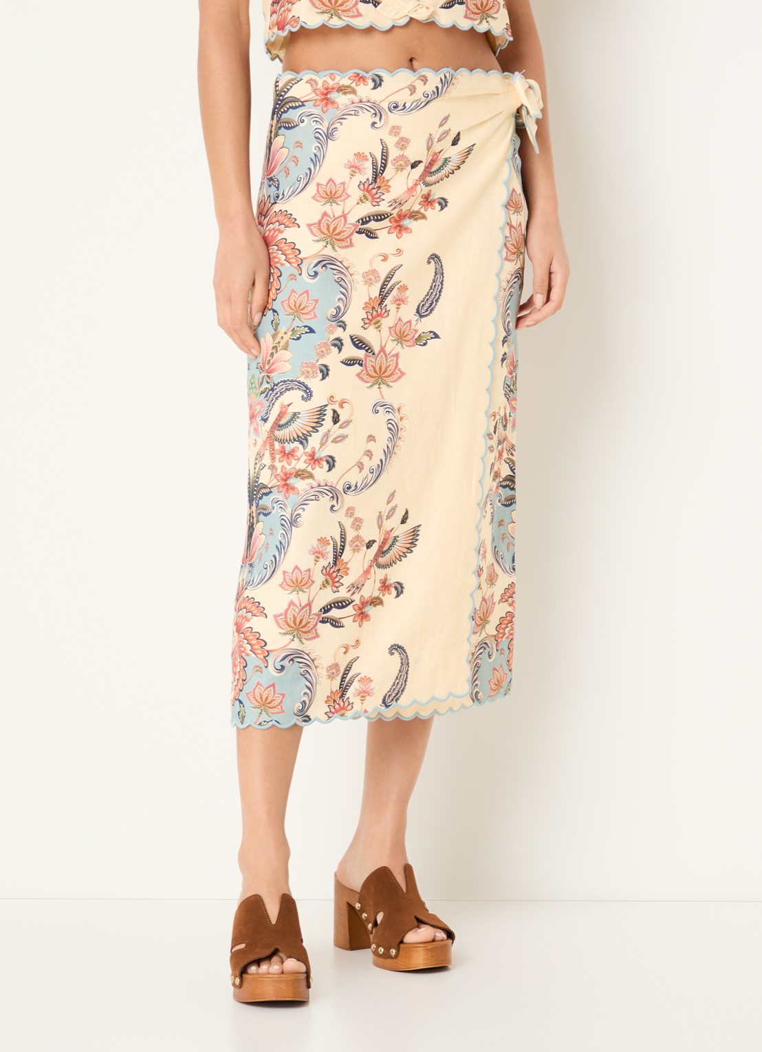 Farm Rio Sea Garden midi rok van linnen met geschulpte zoom en print - detail 7 vanillegeel