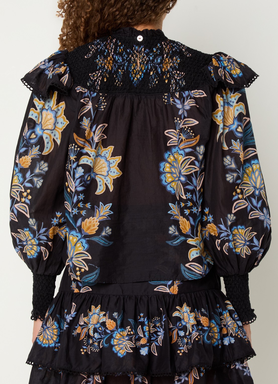 Farm Rio Semi-transparante tuniek met bloemenprint en smockwerk - achterkant 3 zwart