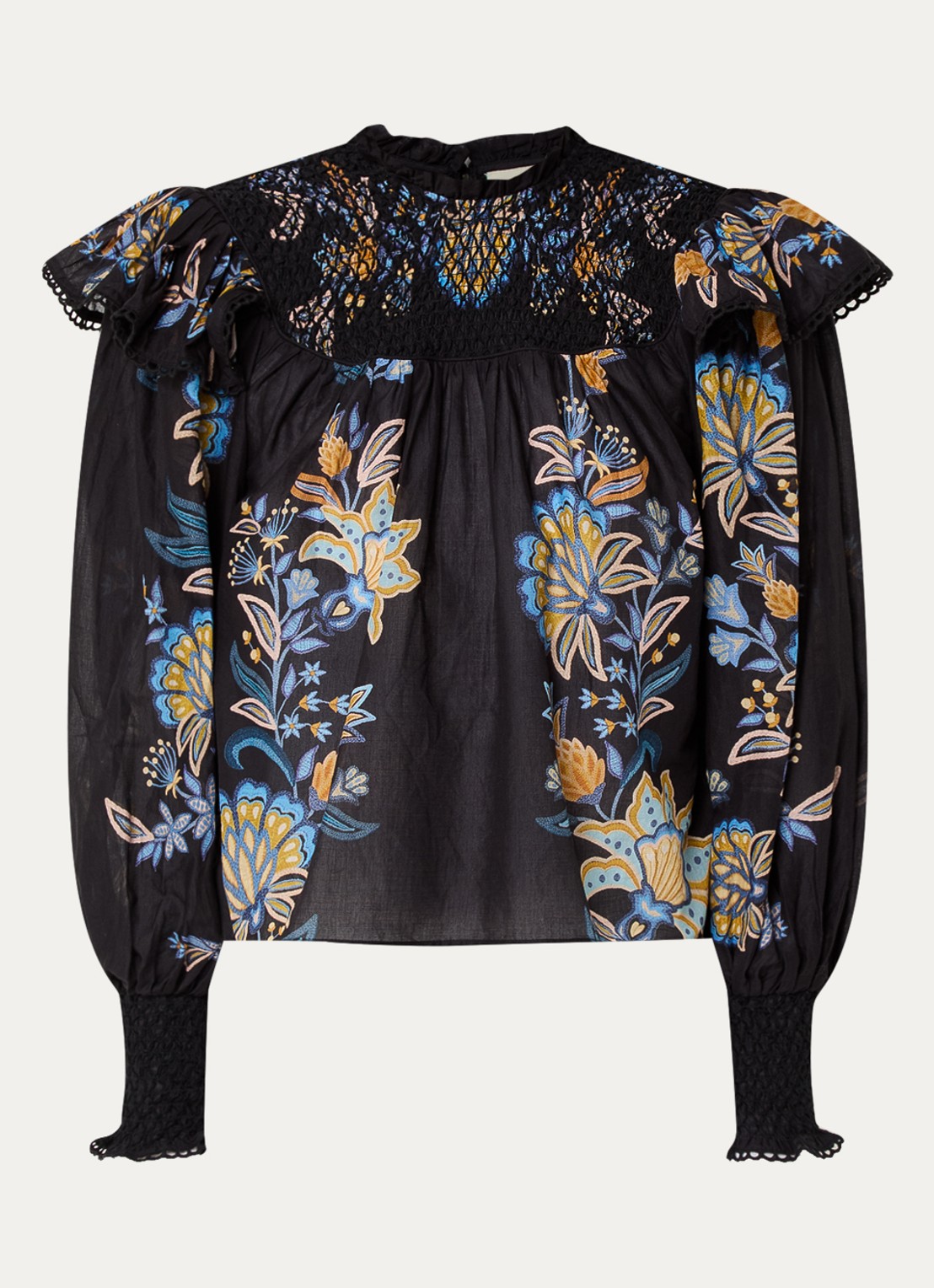 Farm Rio Semi-transparante tuniek met bloemenprint en smockwerk - voorkant zwart